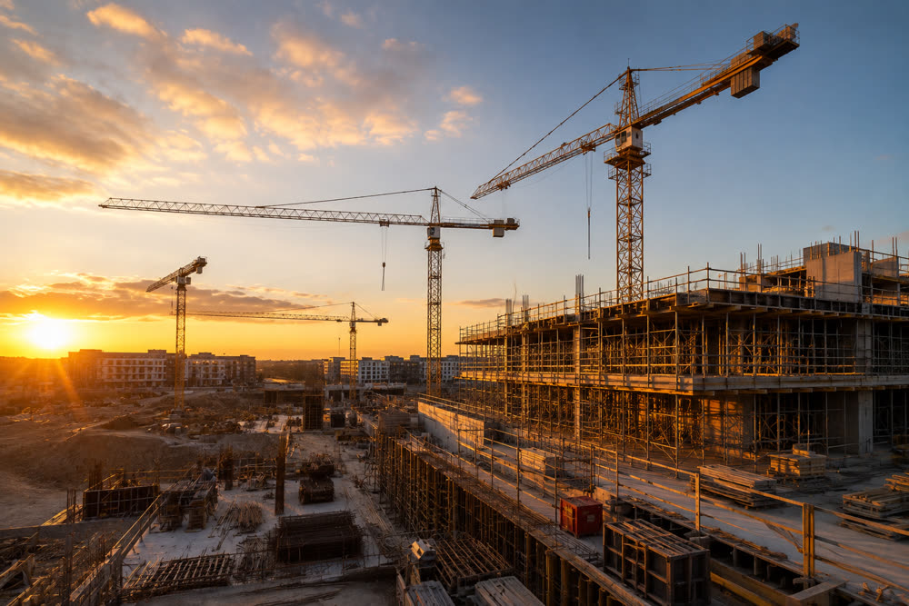 Chantier de construction au lever du soleil